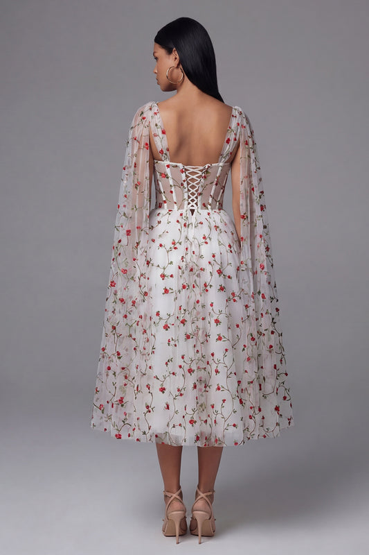 Ivory Corset A Line Floral Maxi Beach Wedding Guest Dress with Cape