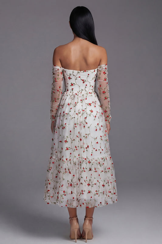 Off the Shoulder Ivory A Line Floral Maxi Beach Wedding Guest Dress