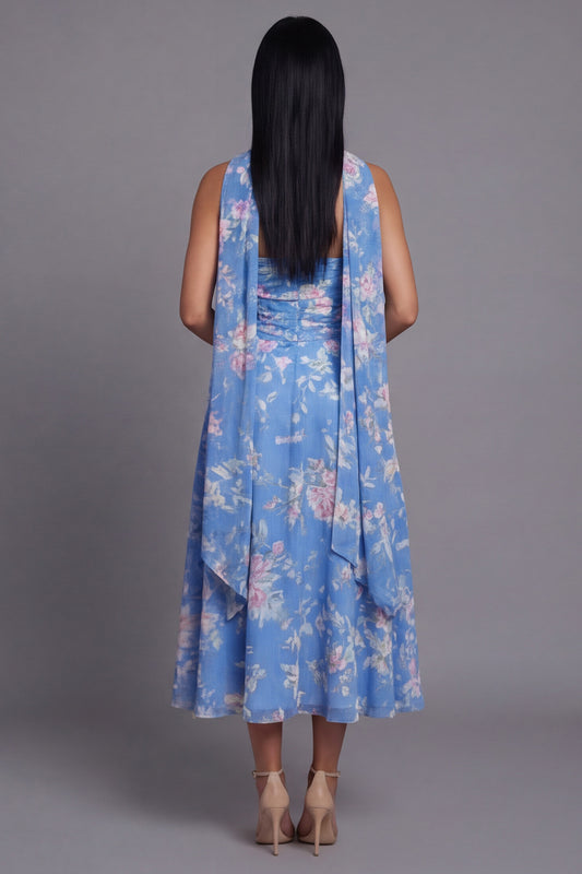 Strapless A Line Neck Scarf Blue Floral Maxi Beach Wedding Guest Dress