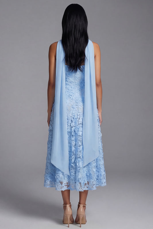A Line Blue Floral Neck Scarf Strapless Maxi Wedding Guest Dress