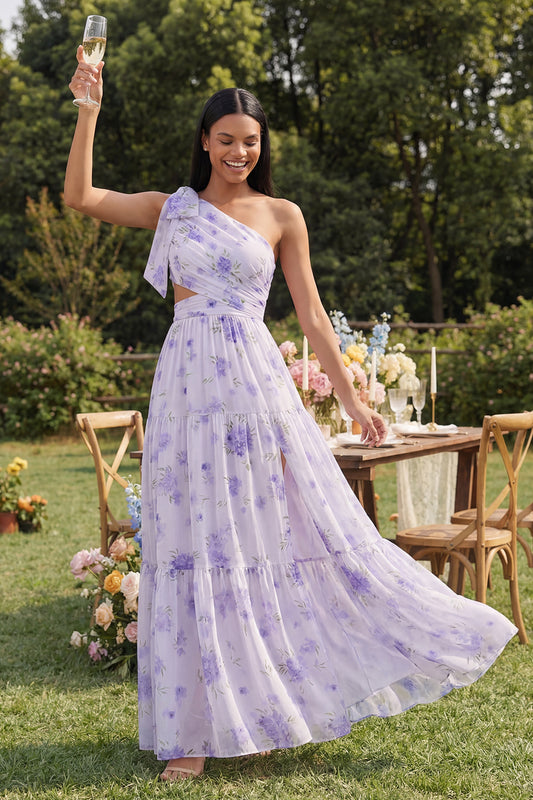 Floral Maxi Ruched A Line Lilac Beach Wedding Guest Dress with Slit