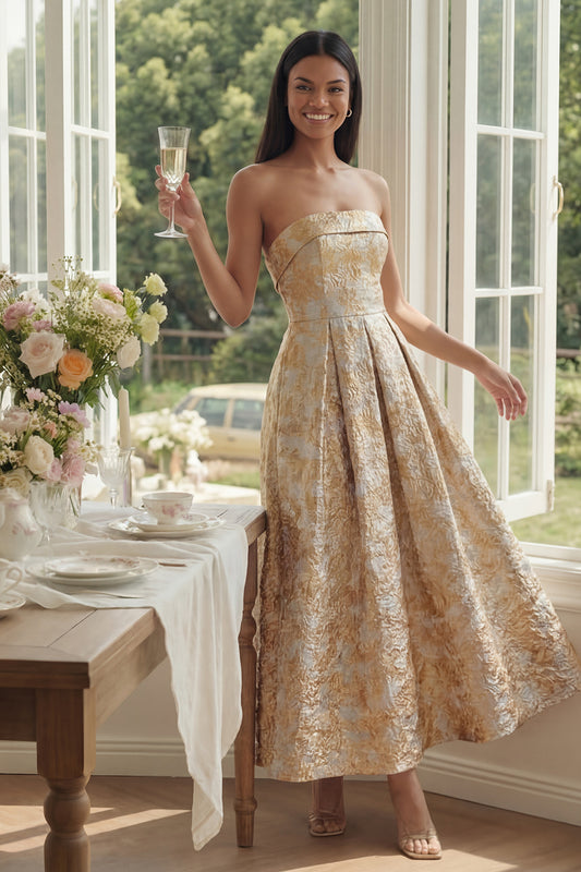 Maxi A Line Gold Strapless Floral Wedding Guest Dress
