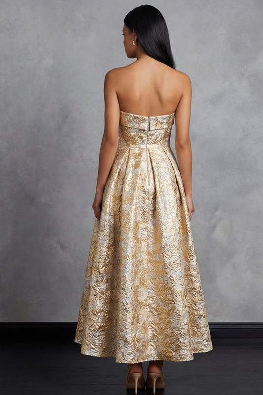 Maxi A Line Gold Strapless Floral Wedding Guest Dress