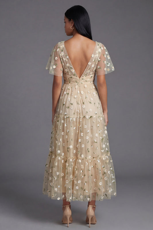 V-Neck Champagne Floral Maxi A Line Beach Wedding Guest Dress