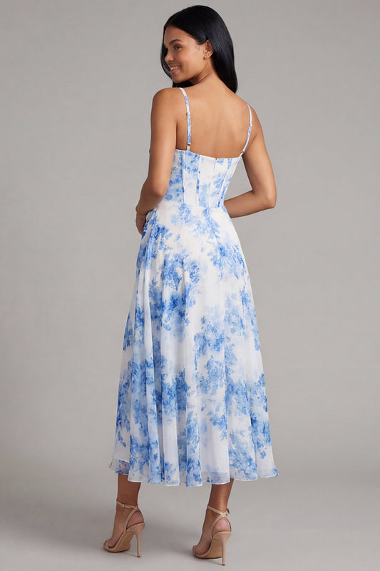 White Blue Flower Corset Maxi Floral A Line Wedding Guest Dress with Slit
