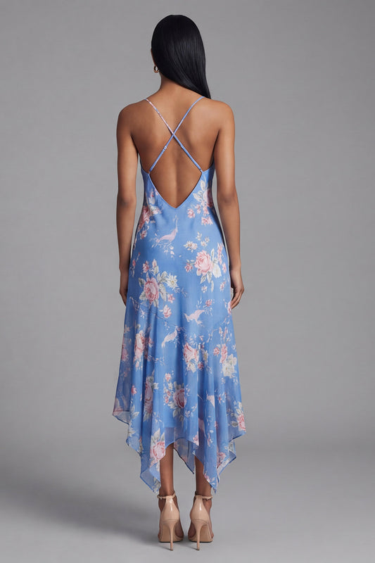 Spaghetti Straps Floral Asymmetrical A Line Blue Beach Wedding Guest Dress