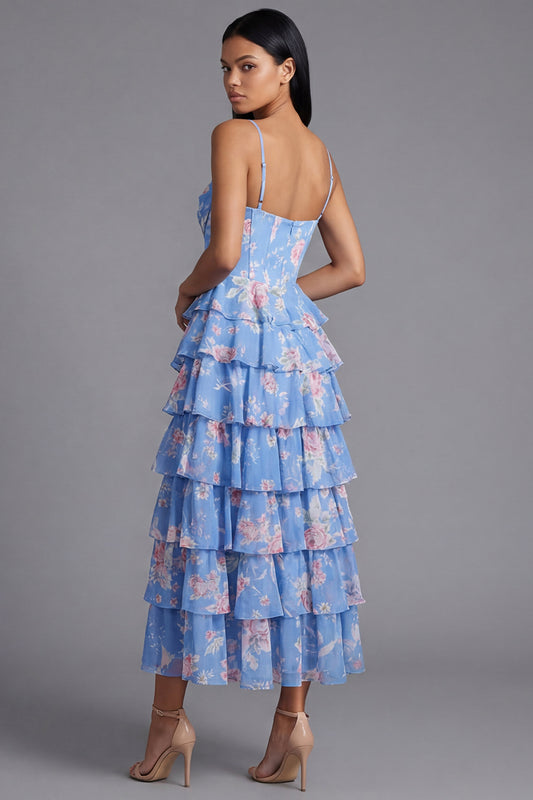 Corset Floral Maxi A Line Blue Beach Wedding Guest Dress with Ruffles