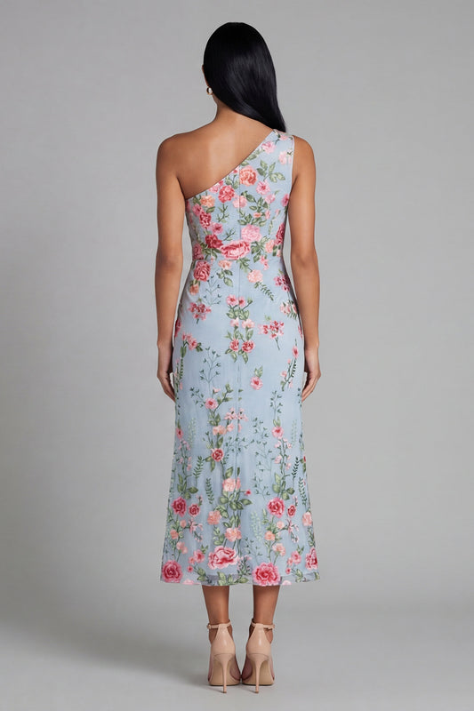 Floral Maxi Mermaid One Shoulder Blue Pink Flower Beach Wedding Guest Dress