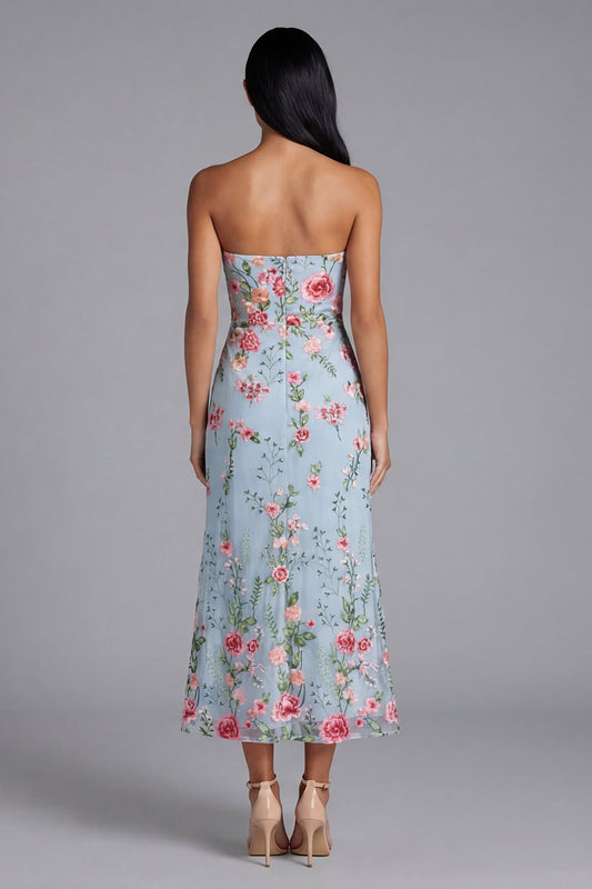 Strapless Maxi Floral Mermaid Blue Pink Flower Beach Wedding Guest Dress