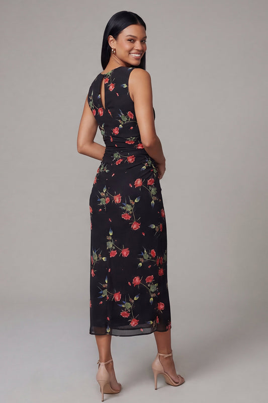 Black Round Neck Floral Maxi Sheath Ruched Beach Wedding Guest Dress
