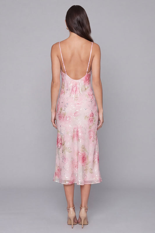 Spaghetti Straps Sparkly Pink Floral Maxi Bodycon Beach Wedding Guest Dress