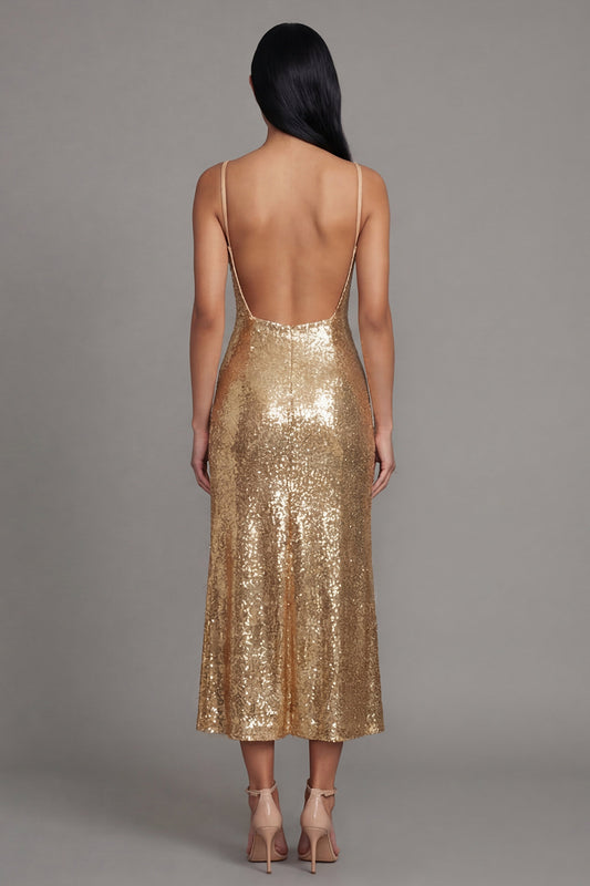 Spaghetti Straps Sparkly Gold Maxi Sequin Wedding Guest Dress