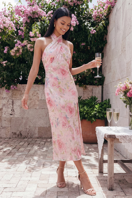 Sparkly Pink Maxi Halter Floral Wedding Guest Dress with Slit