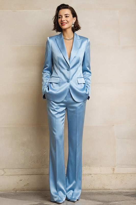 Blue 2 Piece Peak Lapel Single Breasted Wide Leg Prom Suits