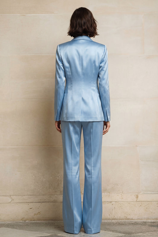 Blue 2 Piece Peak Lapel Single Breasted Wide Leg Prom Suits