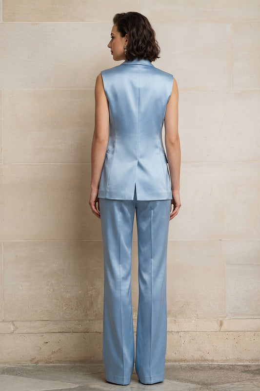 2 Piece Peak Lapel Blue Single Breasted Sleeveless Prom Suits