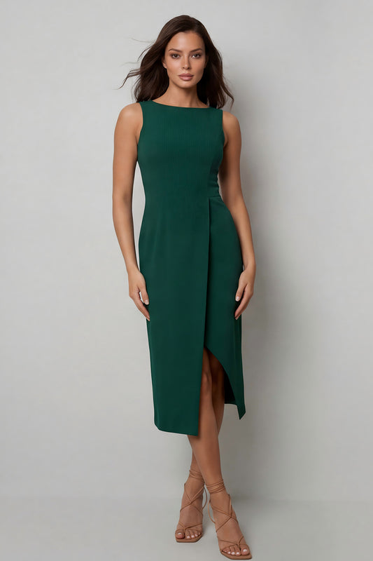 Midi Dark Green Bateau Neck Pencil Work Dress with Slit