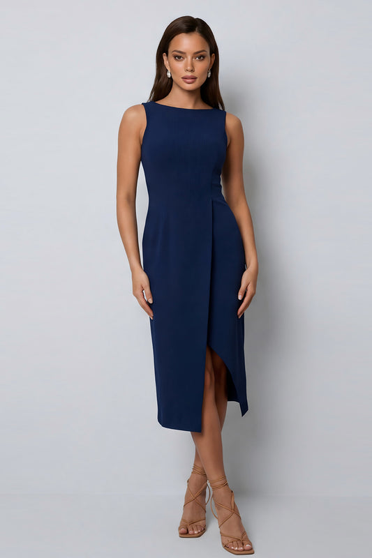 Midi Dark Green Bateau Neck Pencil Work Dress with Slit