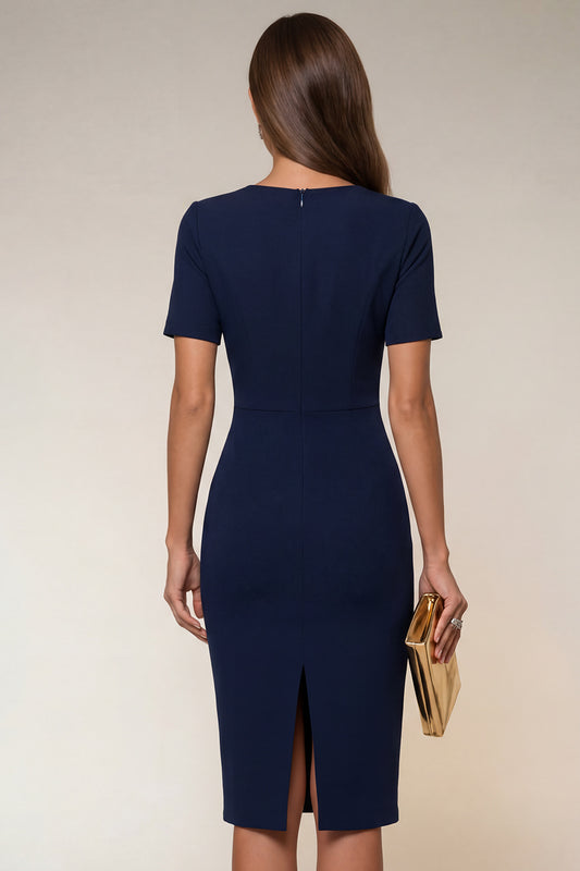 Navy Round Neck Short Pencil Work Dress