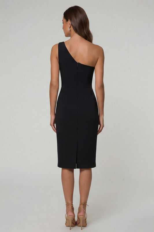 Black Pencil Knee Length One Shoulder Work Dress
