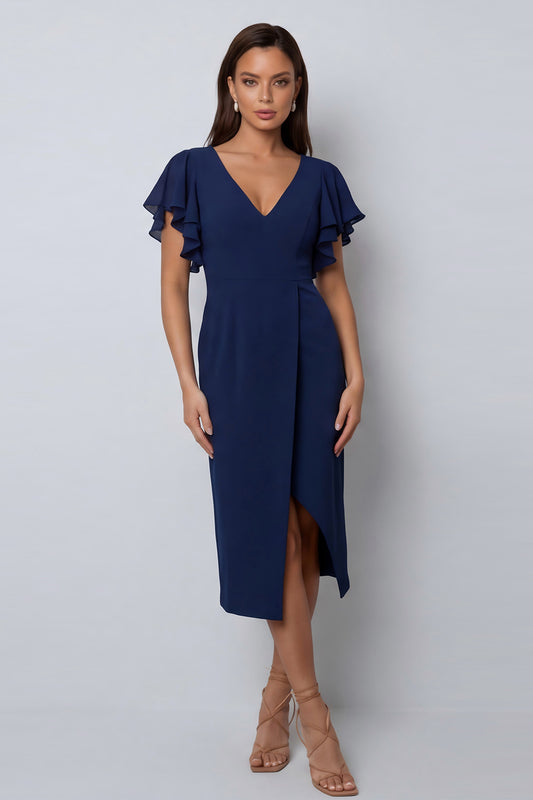 V-Neck Navy Pencil Midi Work Dress with Slit