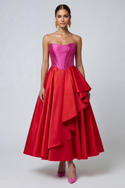 Fuchsia and Red Long A Line Patchwork Corset Ruffled Formal Dress