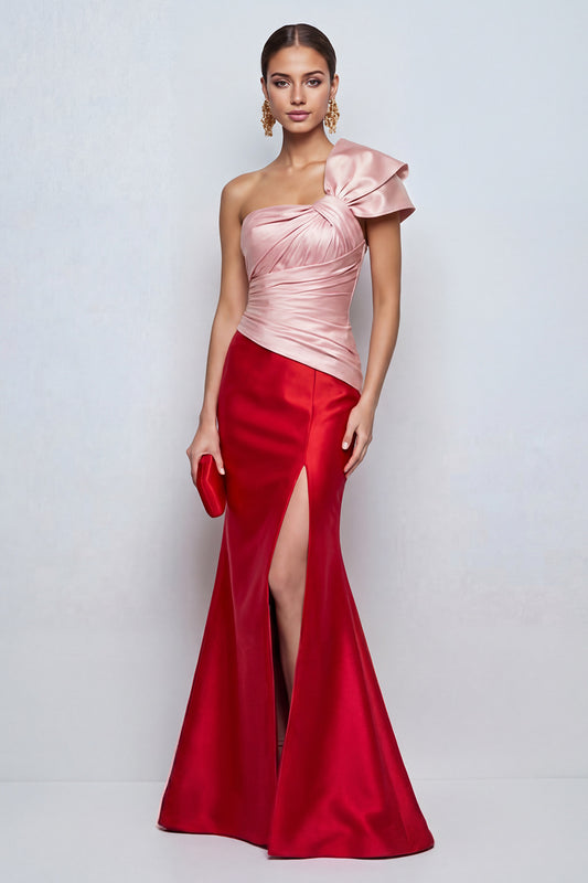 Pink and Red Long Patchwork Mermid Formal Dress with Slit