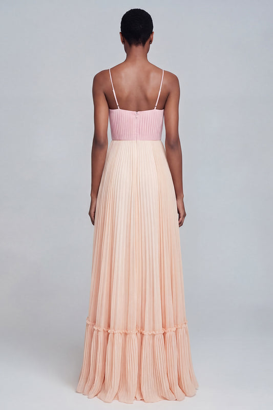 Pink and Champagne Patchwork Long Pleated Spaghetti Straps Formal Dress