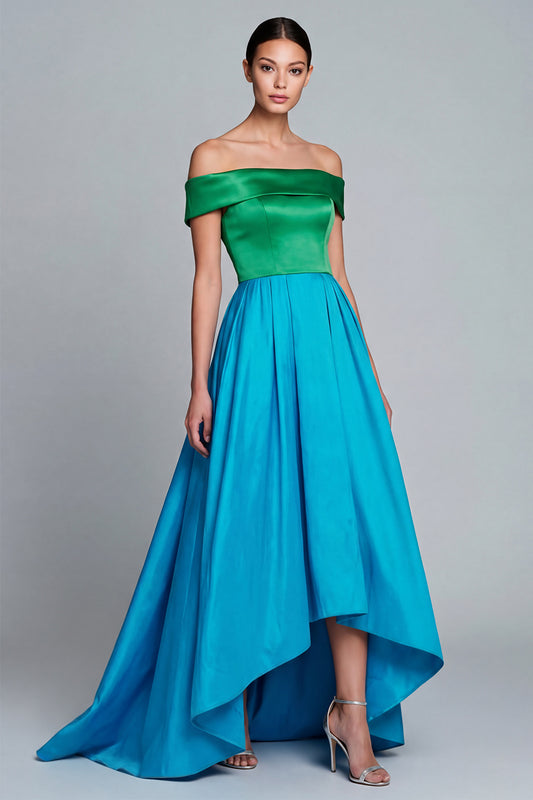 Green and Blue High Low Patchwork A Line Off the Shoulder Formal Dress