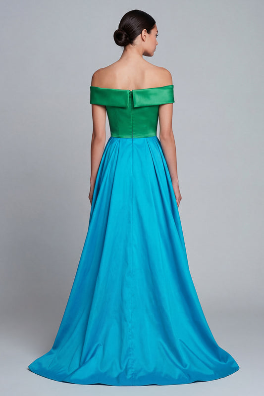 Green and Blue High Low Patchwork A Line Off the Shoulder Formal Dress