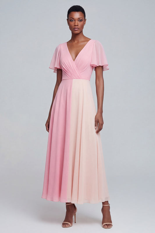 Pink V Neck Patchwork Long A Line Flutter Sleeves Formal Dress