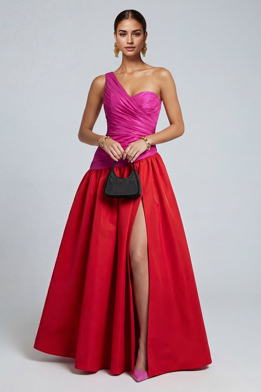 Fuchsia and Red Long A Line Patchwork Formal Dress with Slit