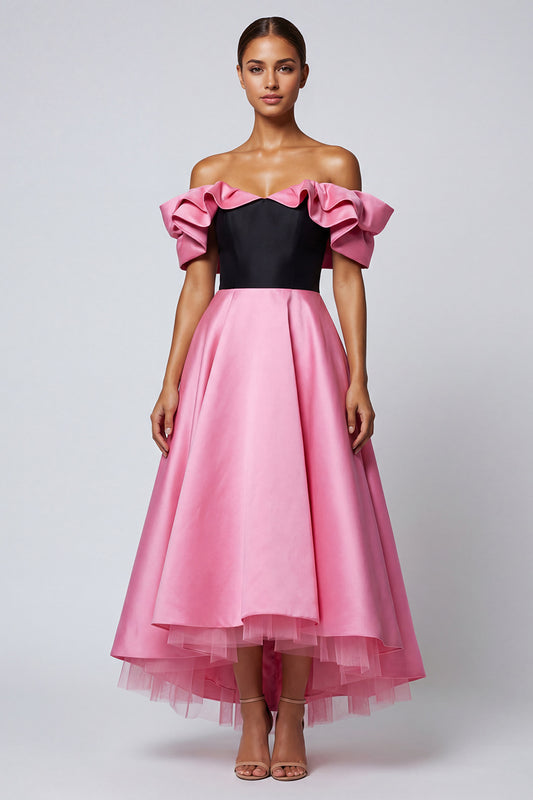 Black and Pink Long Off the Shoulder A Line Patchwork Formal Dress with Ruffles
