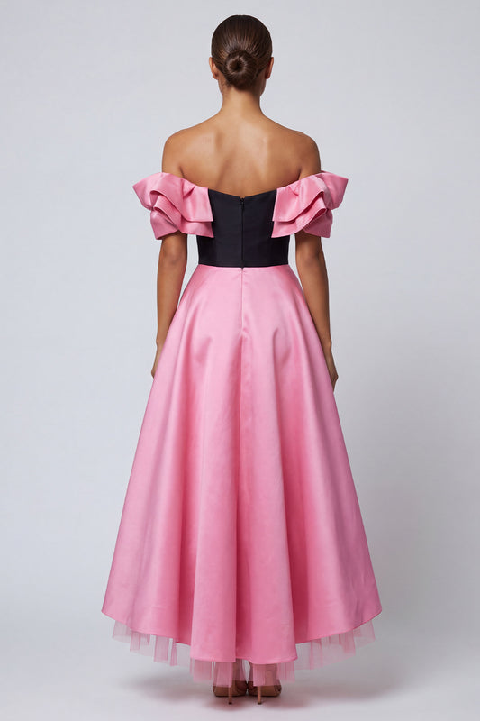 Black and Pink Long Off the Shoulder A Line Patchwork Formal Dress with Ruffles