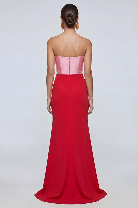 Pink and Red Long Mermid Patchwork Strapless Formal Dress with Slit