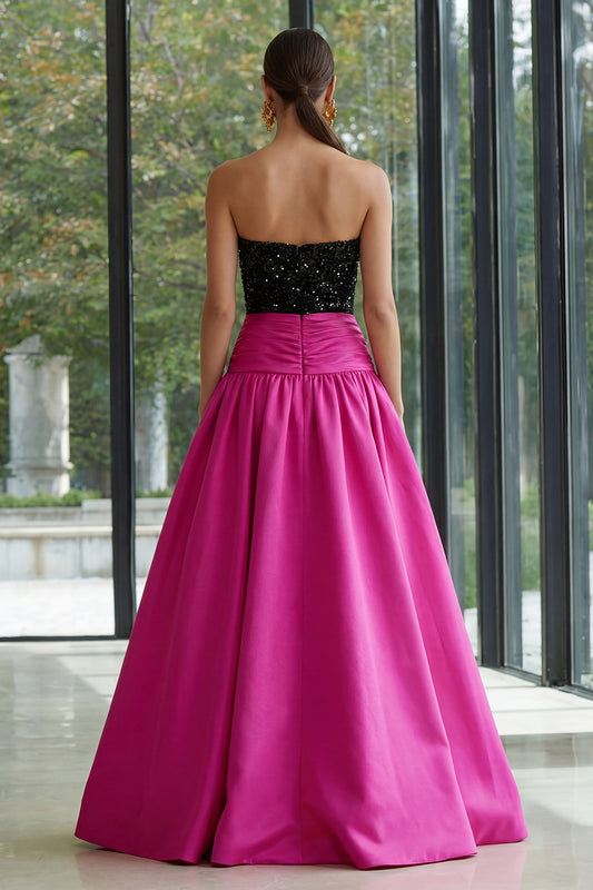 Sparkly Fuchsia and Black A Line Long Strapless Patchwork Formal Dress