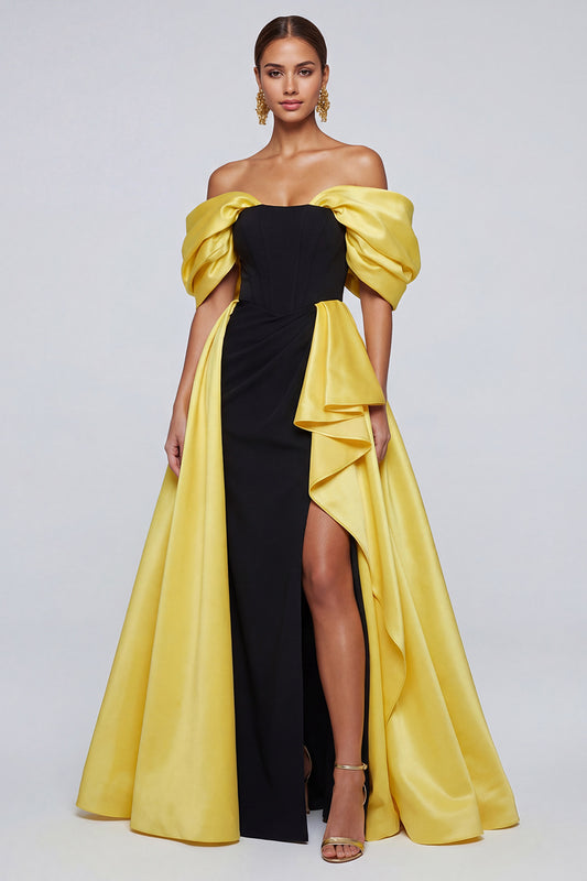 Black and Yellow Long Patchwork Off the Shoulder Ruffled Formal Dress with Slit