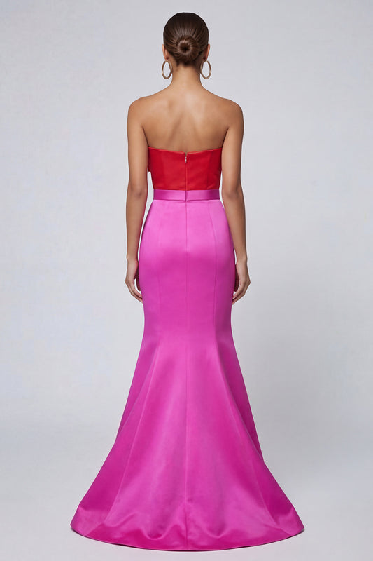 Fuchsia and Red Mermaid Patchwork Long Formal Dress with Bow