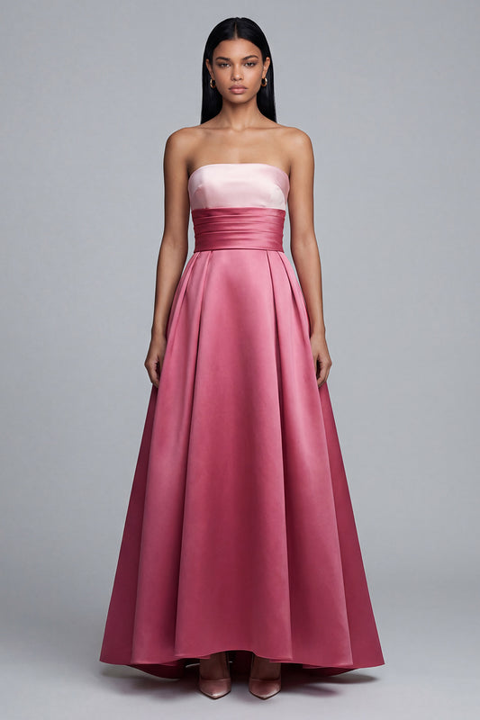 Pink Long A Line Satin Strapless Patchwork Formal Dress