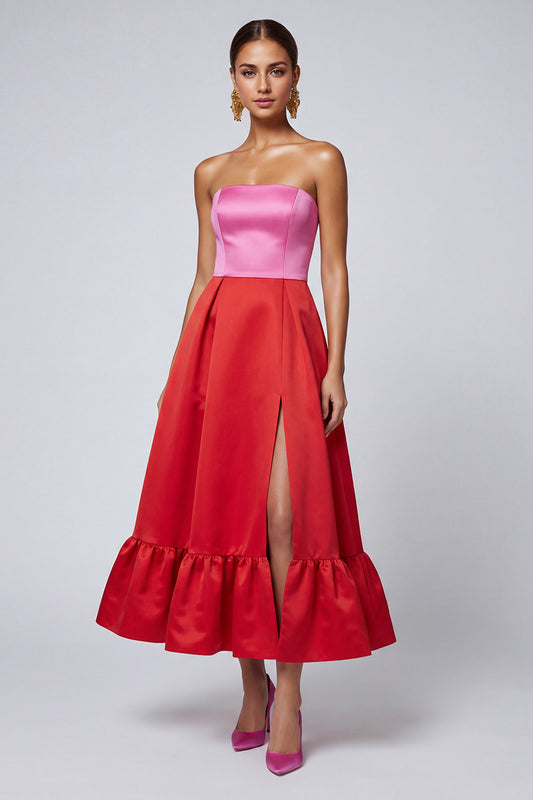 Pink and Red Strapless Patchwork Long Formal Dress with Slit