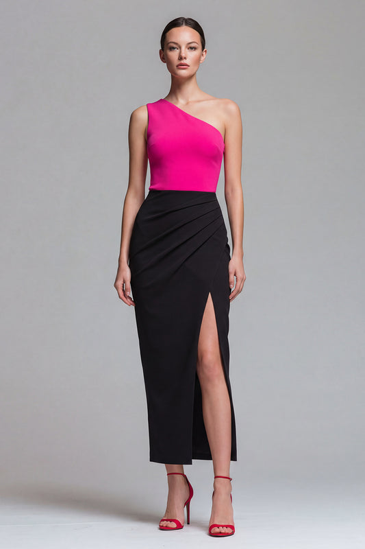Fuchsia and Black One Shoulder Patchwork Long Formal Dress