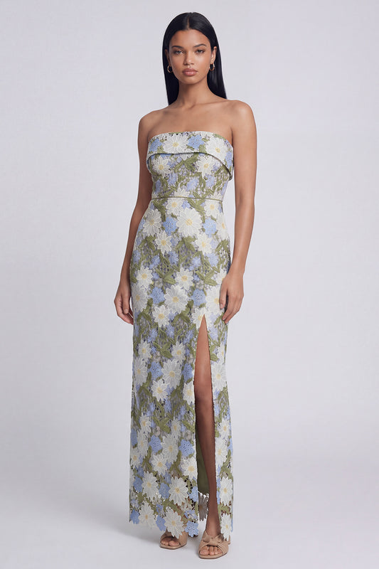 Green Strapless Maxi Sheath Floral Wedding Guest Dress