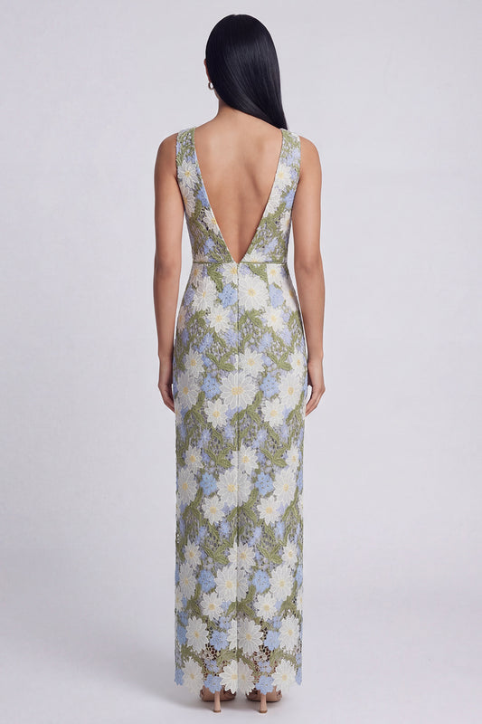 Green Maxi Sheath V-Neck Floral Wedding Guest Dress with Slit