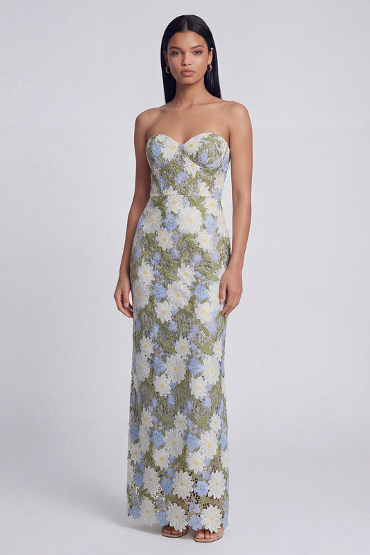 Green Maxi Sheath Floral Strapless Wedding Guest Dress