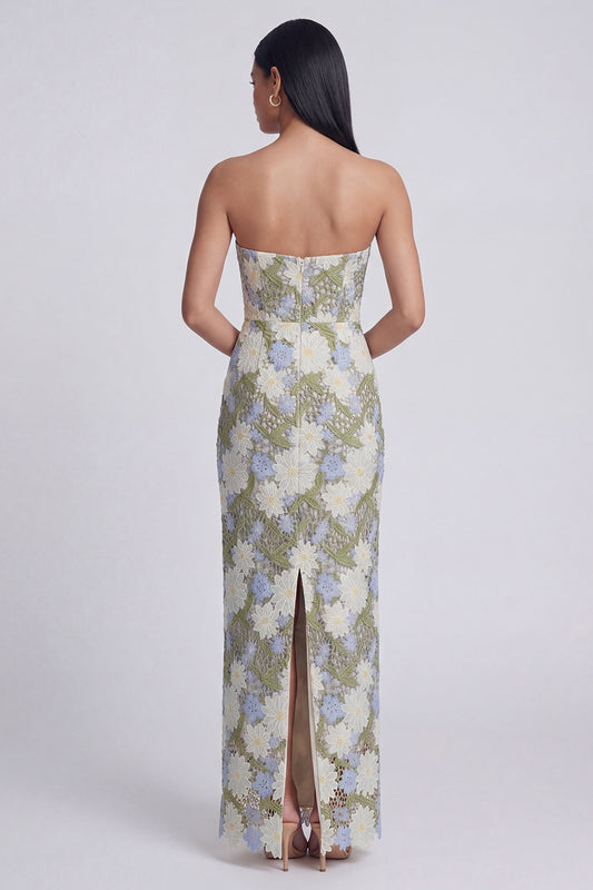 Green Maxi Sheath Floral Strapless Wedding Guest Dress
