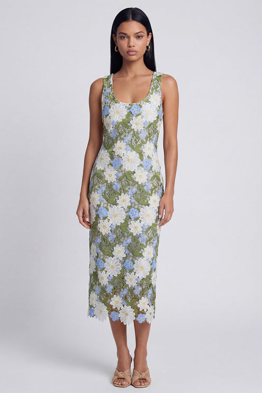 Green Scoop Floral Maxi Sheath Wedding Guest Dress