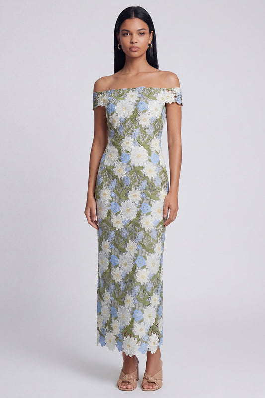 Green Sheath Floral Maxi Wedding Guest Dress
