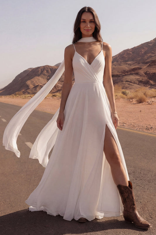 Ivory Spaghetti Straps Maxi A Line Beach Wedding Dress with Slit