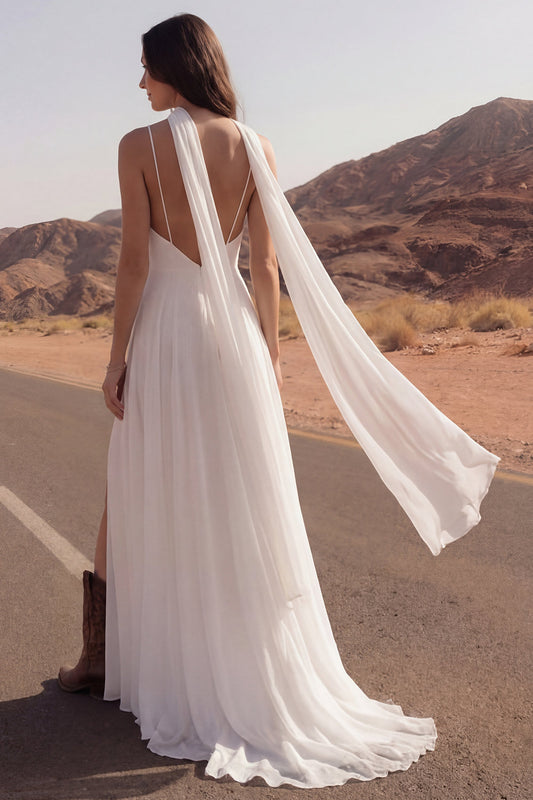Ivory Spaghetti Straps Maxi A Line Beach Wedding Dress with Slit