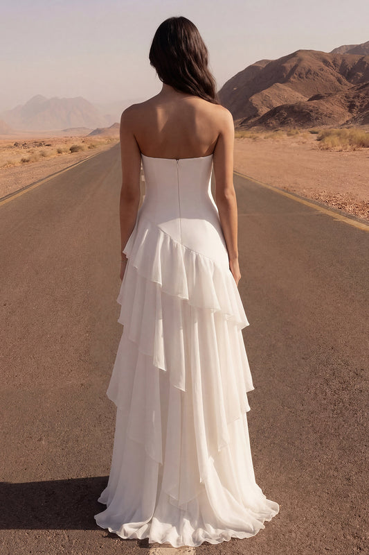 Ivory Strapless A Line Maxi Beach Wedding Dress with Ruffles